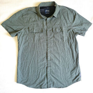 Prana Mens Large Shirt Green Slim Fit Short Sleeve Button Up Casual Pocket